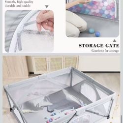 50 inch x 50 inch playpen with mat, ready to use out of the box. Portable playpen with breathable mesh and gate. Comes with a storage bag and 4 handle