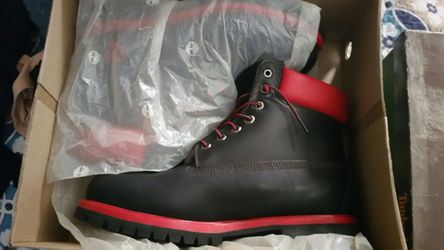 Red and black timberland boots size 10
