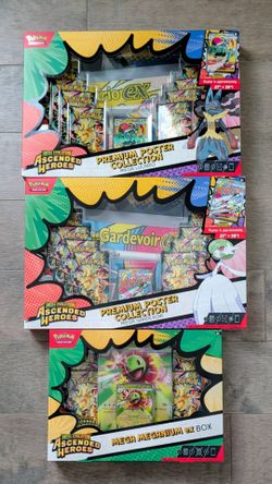 Two Pokemon Ascended Heroes Premium Poster Collections and 1 Ascended Heroes Ex Box