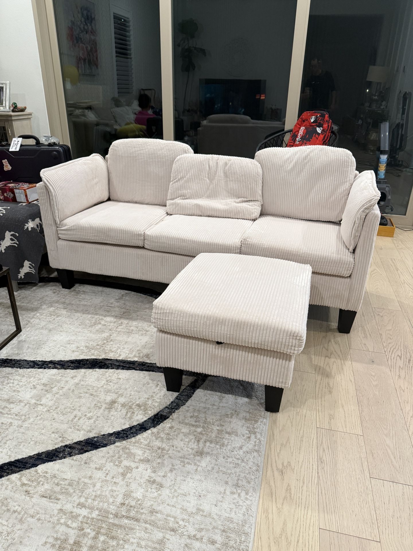 Corduroy Sectional Sofa Couches for Living Room, L-Shaped Modular Small Couch Convertible 3 Seater Sofa with Ottaman Storage,Beige