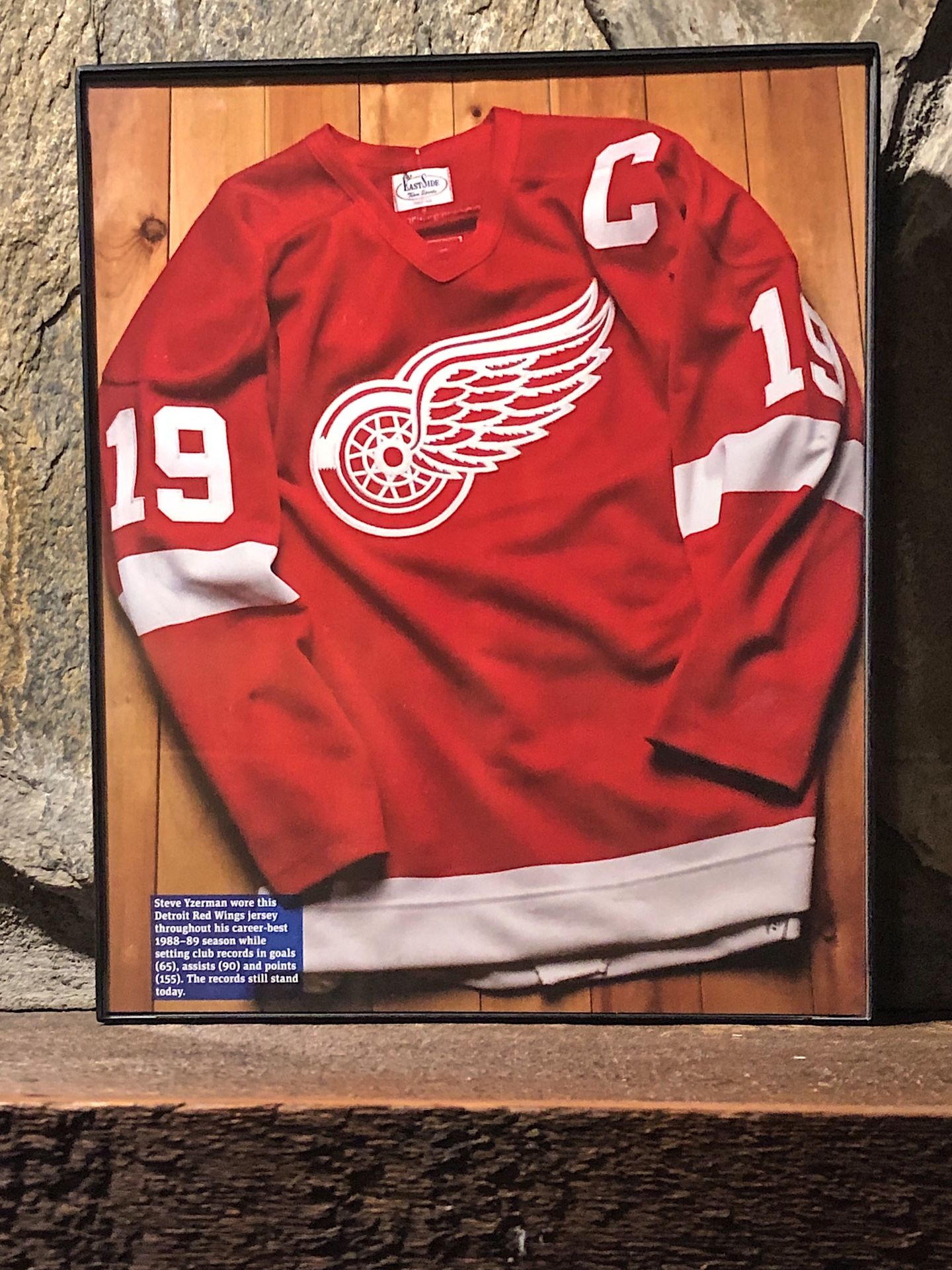 Page from the Past : Picture of 1988-1989 Detroit Red Wings Jersey in “8 x 10” glass frame.