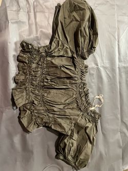 Olive Green Ruched Romper with Puff Sleeves