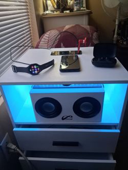 SMART  NIGHT STAND DRAWERS BLUE LED LIGHTS BLUETOOH SPEAKERS CHARGE STATION MINI FAN
