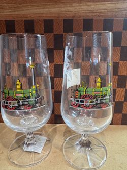 Vintage Bavaria Steam Locomotive Footed Beer Glasses - Set of 2