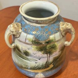 Antique Nippon Porcelain Elephant Head 3 Handled Vase 6”H