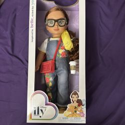VERY RARE ! Original Disney ILY 4 EVER Inspired By Belle 18” Doll Auburn Hare Glasses Coffee Overalls 