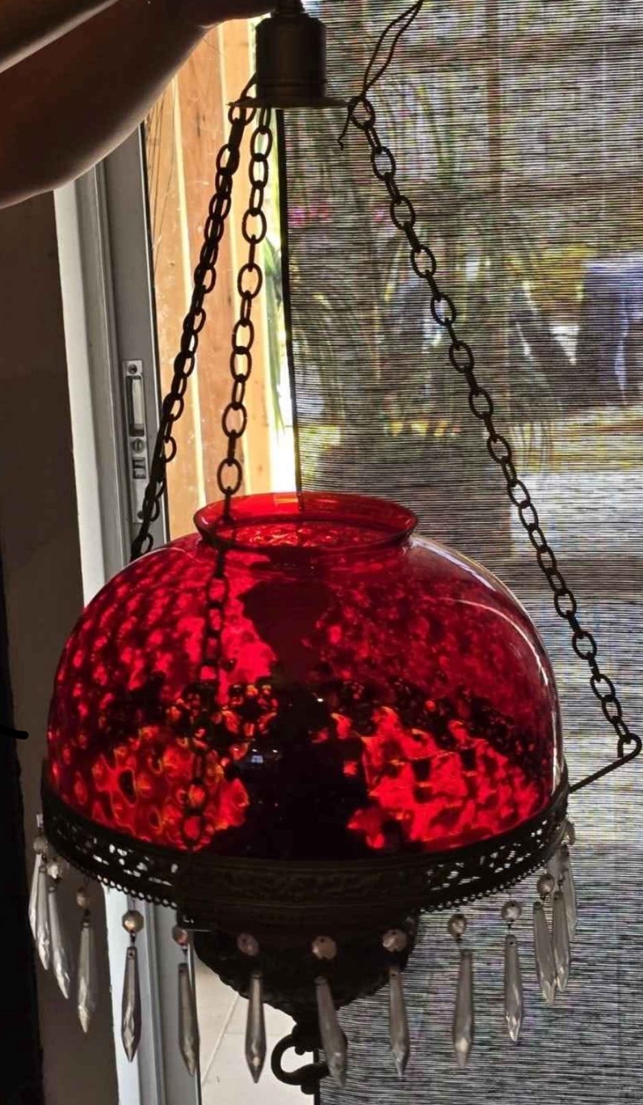 ANTIQUE VICTORIAN CRANBERRY HONEYCOMB HANGING PARLOR LAMP