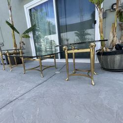 manner of jansen Maison Jansen Brass Glass Ram Coffee Cocktail Table  And End Tables Hollywood Regency 