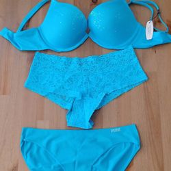 New Victoria Secret Very Sexy Push Up Bra 34c  & Matching Bottoms 