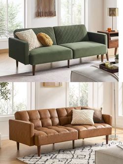 ❤️‍🔥 mopio 76.4" Futon Sofa Bed Tufted Styled,(Pecan Brown Faux Leather or Green)