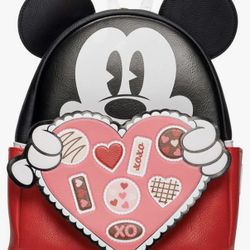 Loungefly Disney Mickey  And Minnie Mouse Box Of Chocolates Love Heart Valentine’s Day Backpack 