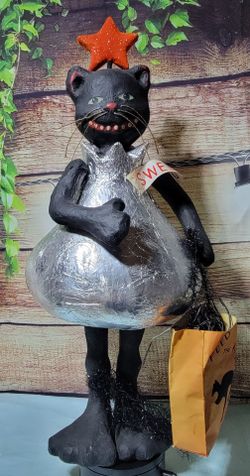 Rare 24" Folk Art Black Cat – "Feed The Kitty" Halloween Figurine