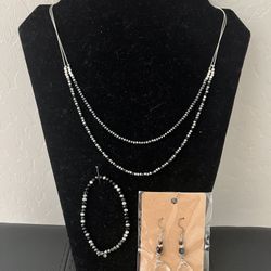Origami Owl Silver 32" Double Layer Jet Bead Chain Necklace w/ Bracelet & Earrings 
