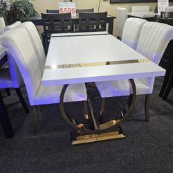 Brand New White Lacquer/Gold Dining Table (60"×32"×30"H) + 4 White Linen Chairs