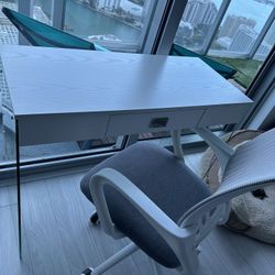 White & Glass Desk w. Center Drawer - Like New