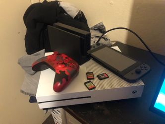 Nintendo switch with 1 game animal crossing and zelda sold  with doc Xbox one s with remote power cord but no hdmi cord