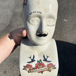 Traditional Tattooed Phrenology Head BustThree Hands Corp Crackle Glazed