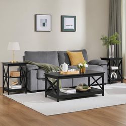 Wood Living Room 3-Piece Table Sets - Includes X-Design Coffee Table & Two 3-Tier End Side Tables, Easy Assembly Home Accent Furniture, Black