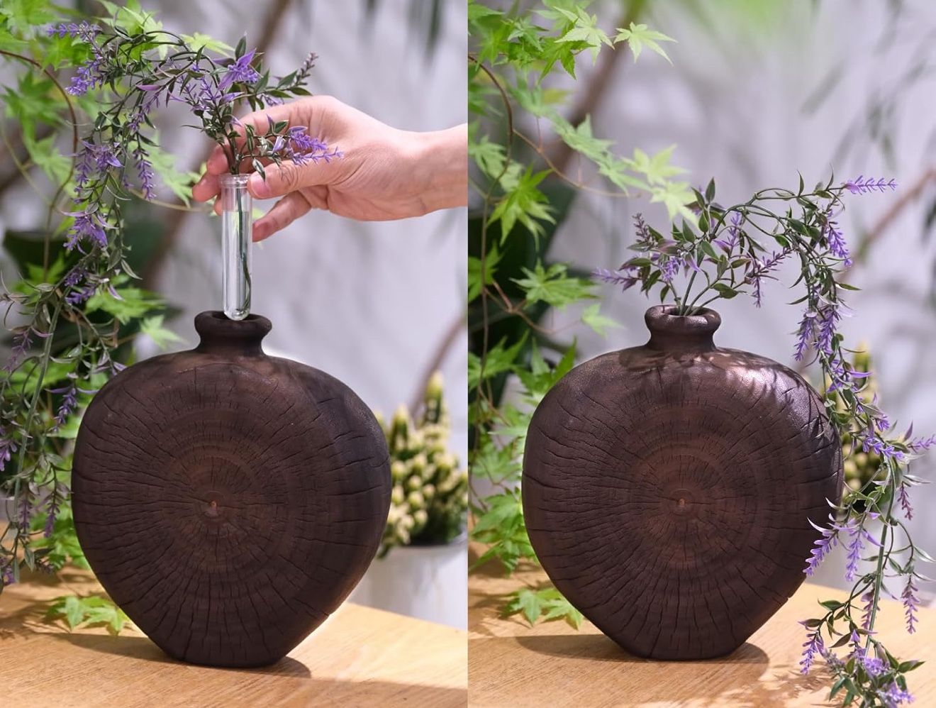 Handcrafted Charred Wood Vase with Built-in Water Reservoir