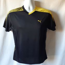 Puma boy's black/yellow short sleeve activewear v-neck top size L 