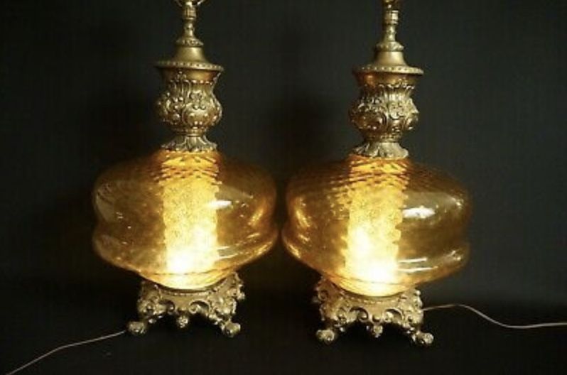 Vintage mid century large amber glass Hollywood Regency 3-way lamp set, pair