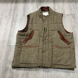 ORVIS Mens Tweed Leather Trim Puffer Vest Brown Quilted Outdoor Gorpcore XXLarge