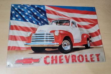 Patriotic 50's Chevrolet Truck Flag 16"×10.75" Metal Sign - Red, White, And Blue