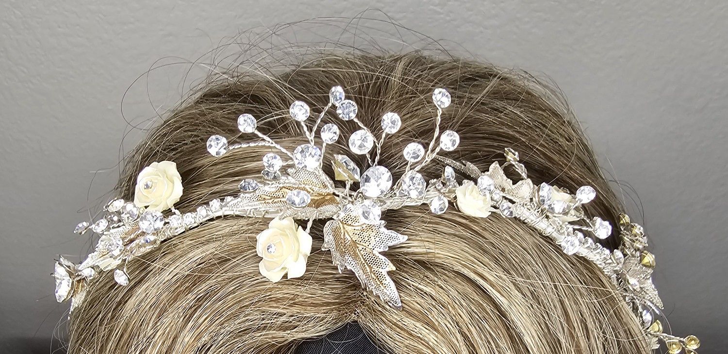 “Crystal Flower Bridal Headpiece / Tiara Hair Vine – Clear Rhinestone & Gold Leaves – Used Once”