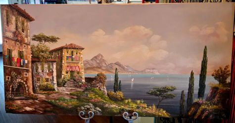 Sandini Signed Oil Painting Italian Seaside Landscape Canvas 1975 48"×24"