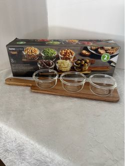 Home Essentials Serving Set 8 Pieces 2 Acacia Serving Boards with 6 Glass Bowls $35