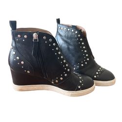LINEA PAOLO Felicity Studded Black Leather Wedge Sneakers Boots High To - Size 7  LINEA PAOLO Studded Leather "Felicity" Wedge Felicity | Micro Stud E