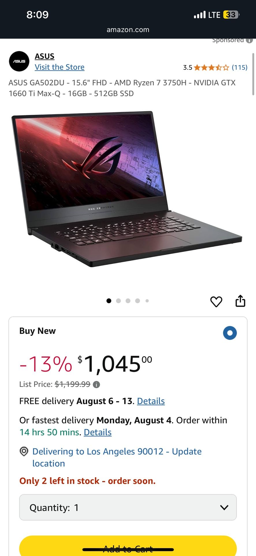 ASUS GA502DU - 15.6" FHD - AMD Ryzen 7 3750H - NVIDIA GTX 1660 Ti Max-Q - 16GB - 512GB SSD