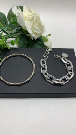 2Pcs Set Gold Plated Bamboo Thick Chain Link Chain Charm Bracelet, Silver Color