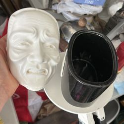 Vintage MCM Asian Chinoiserie F & F Art Deco style black & white face mask & tassels jewelry trinket art box. 7” H x 7” L x 5” W