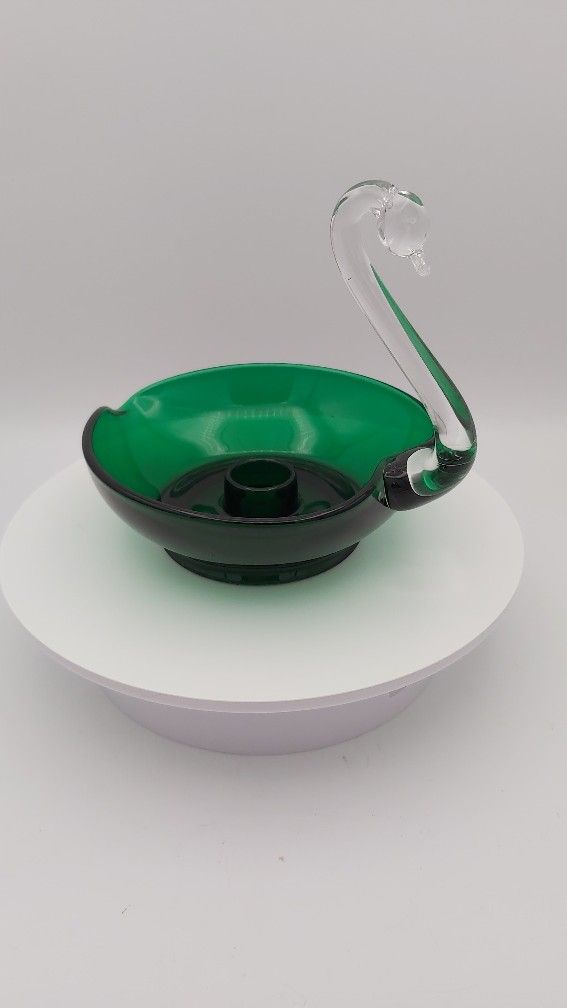 Vintage Duncan Miller Emerald Green Glass Swan Candlestick Holder