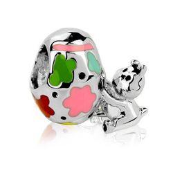 Solid 925 Sterling silver bunny and egg charm , fits on Pandora bracelet