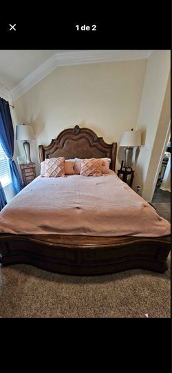 Queen size bed set with mattress box spring dresser mirror 1 night stand solid wood