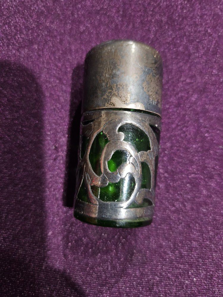 Antique Sterling Silver Vile Green Glass