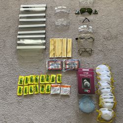 Safety Supplies, Lot of 51 Items, All New.  1 safety goggles, Stihl.  1 dark safety glasses with side shields, Innovator. 1 safety glasses with side s