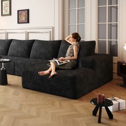 70" Black Velvet Corduroy High Density Foam Injected Chaise Lounge Sectional Sofa (Right Arm / Left Facing Chaise) [NEW] *Compressed* <NO ASSEMBLY>