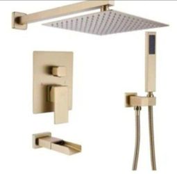 BWE Waterfall Spout Single Handle 3-Spray Square High Pressure Tub and Shower Faucet in Brushed Gold
