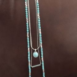 Brand New Lucky Brand Layered Silver & Turquoise Necklace