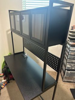 Black Desk with Overhead Cabinet and Pegboard