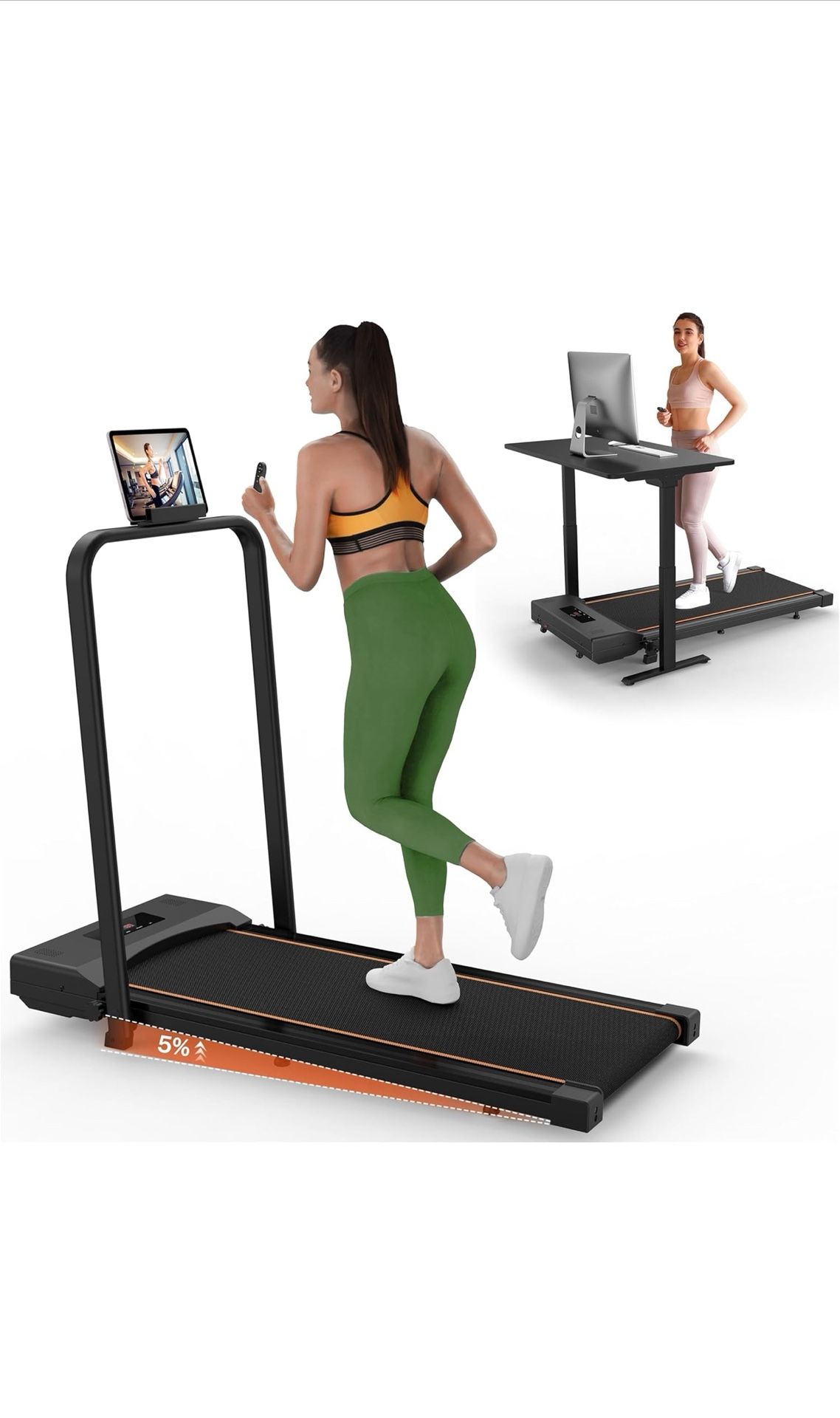 Walking Pad Treadmill with Incline, 2 in 1 Portable Under Desk Treadmills for Home/Office with Low Noise, Remote Control and LED Display, Folding Walk