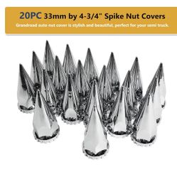 20 Pack Spike Lug Nut Covers, 33mm by 4-3/4" Thread On Chrome Spike Nut Cover Caps ABS Plastic Anti-Rust Screw-on Lug Nut Covers for Semi Trucks