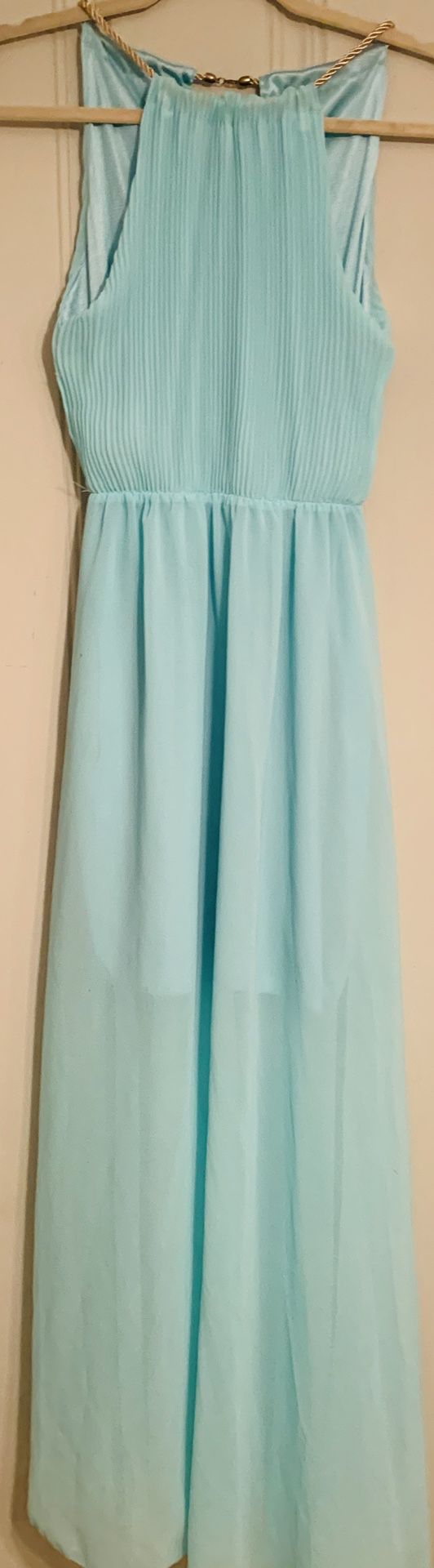 Junior's dress free I style light blue almost seafoam green with gold rope neck strap