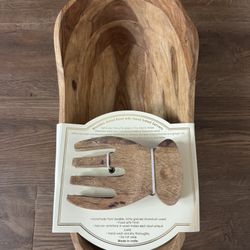 Wooden Salad Bowl with Hand Servers