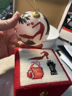 Dillard’s Dept. Store Hand Painted Glass Ornament in Stitched Needlepoint Velvet Box