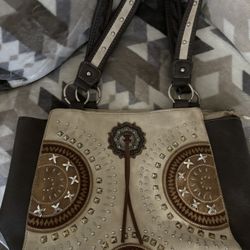 Western Country Embroidered Medallion Bullseye Concho Fringe Concealed Carry Tote Handbag