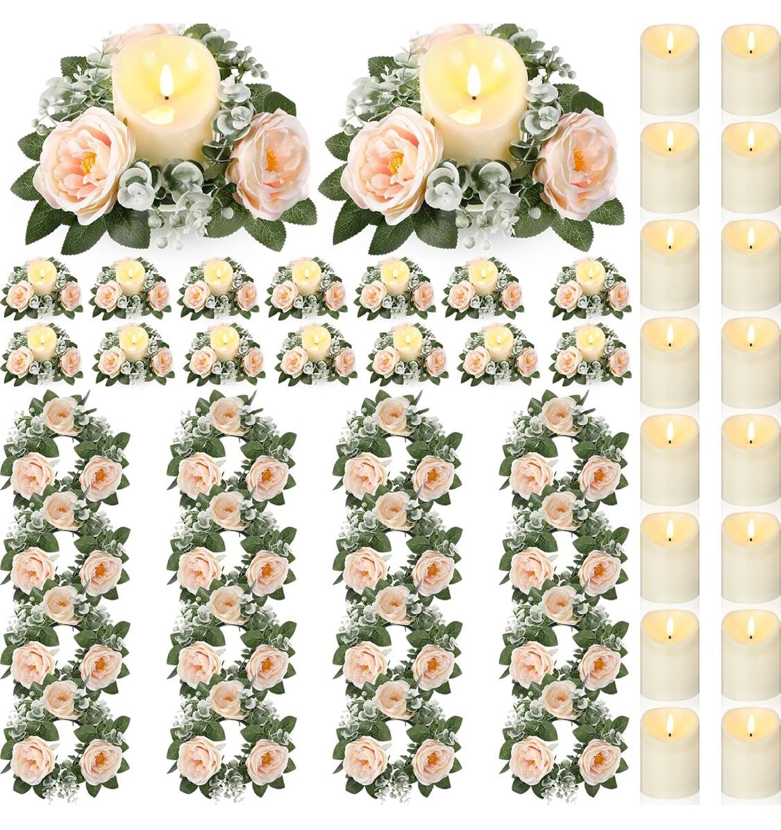 Yunlly 16 Set Rose Candle Rings Wreaths 3 Inch Center with Flameless LED Candles Artificial Rose Light Garland Fake Electric Votive Tealights Bulk Fun